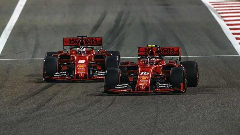 Sebastian Vettel (car no.5) in battle with teammate Charles Leclerc